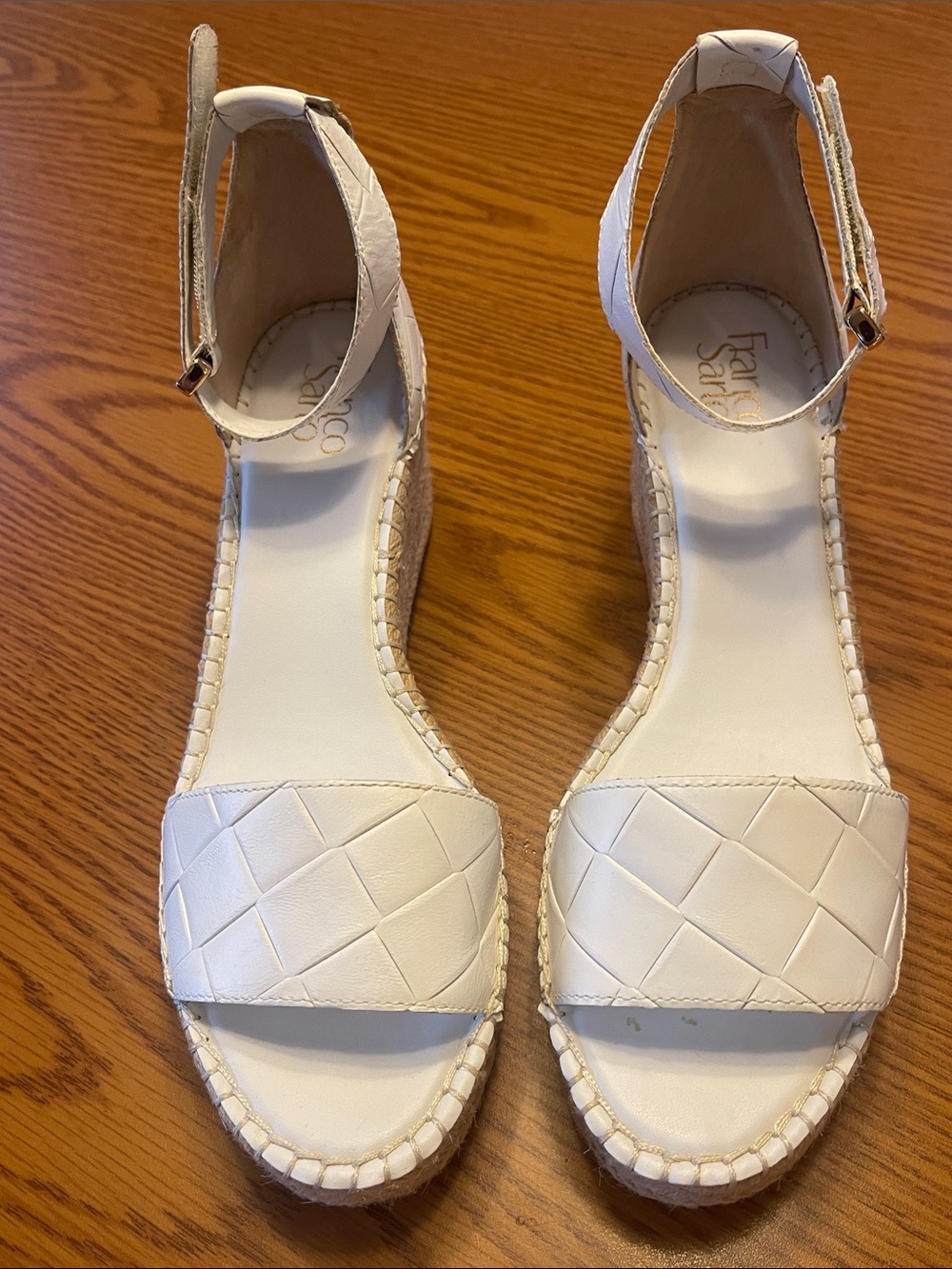 White Woven Espadrille Wedge Sandals by Franco Sarto